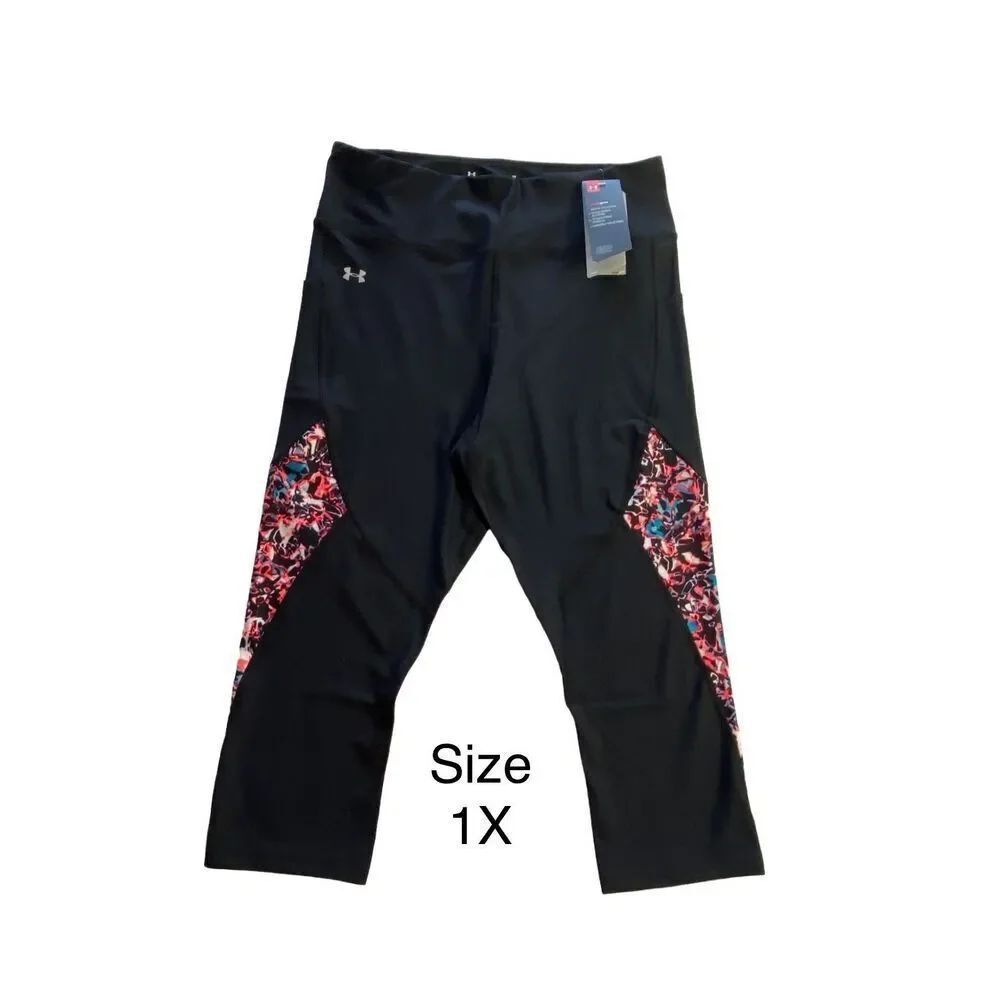 UNDER ARMOUR 1X Women’s Heat Gear Capri Leggings Black with Multi-Color Print